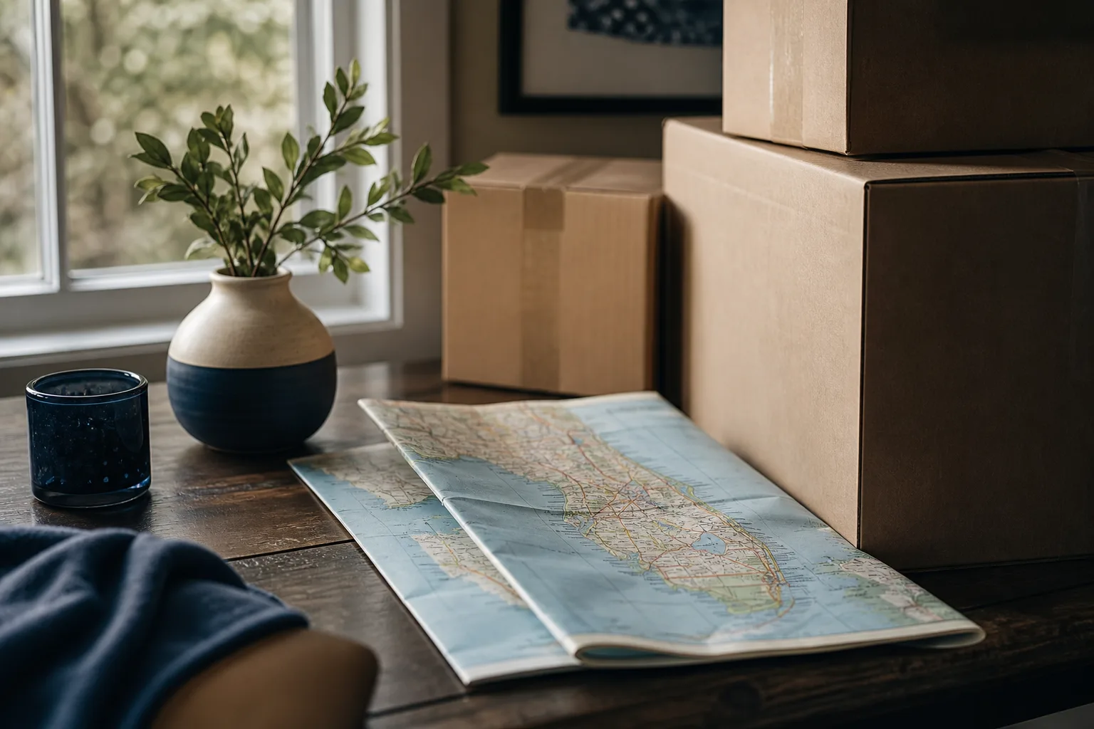 A map and moving boxes representing relocating with an FR-44